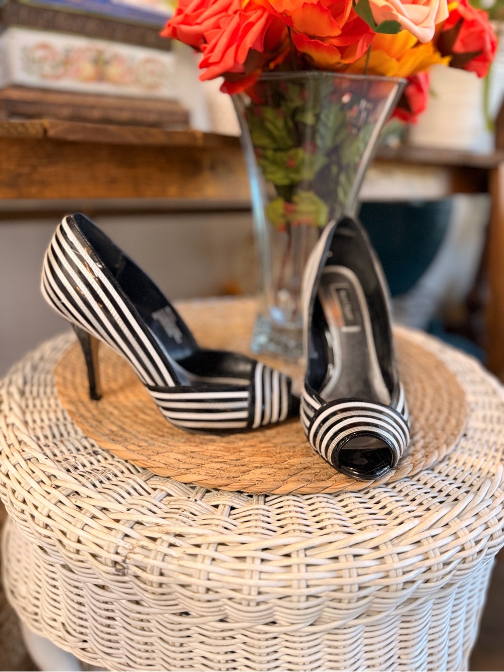 White House Black Market Black and White Striped Peep-Toe Stilettos